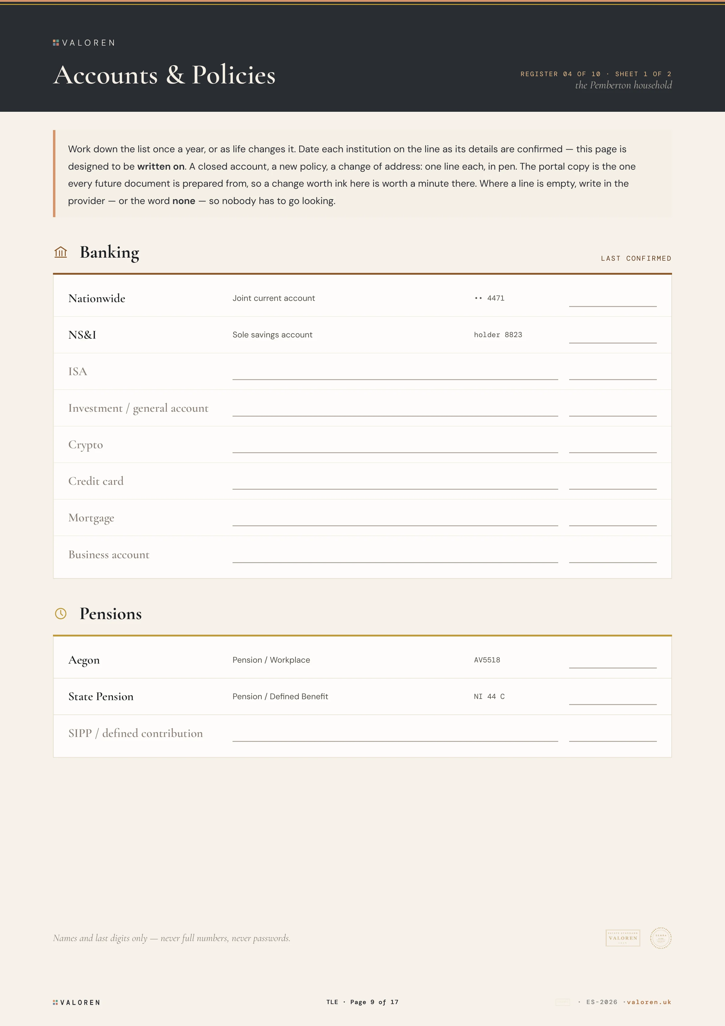 The Accounts & Policies register: every bank, pension, insurer and household account named, with the release position beside each one.